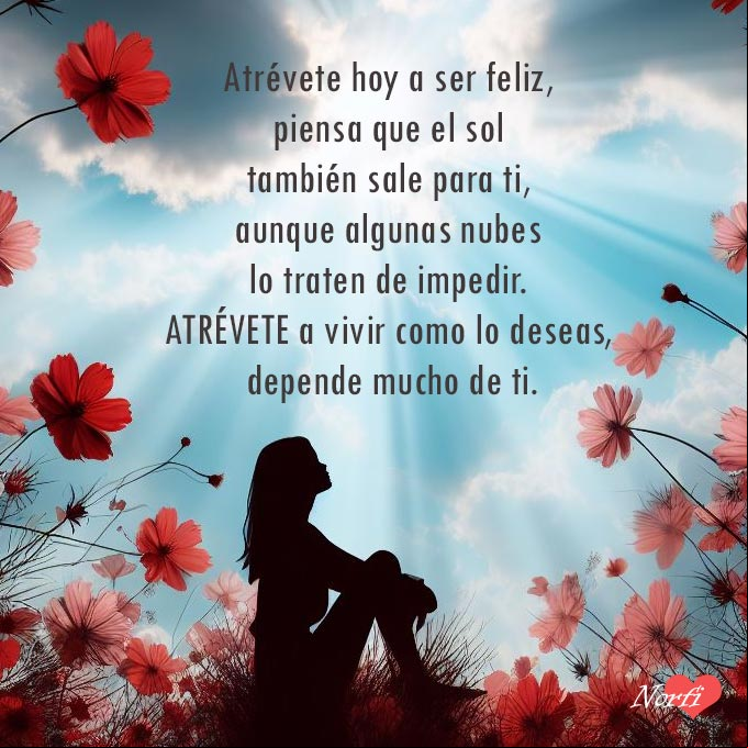 Atrévete hoy a ser feliz, piensa que el sol también sale para ti, aunque algunas nubes lo traten de impedir. Atrévete a vivir como lo deseas, depende mucho de ti Silueta de persona sentada mirando rayos de sol salir entre nubes grises