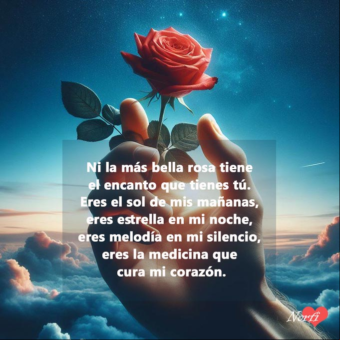 Ni la más bella rosa tiene el encanto que tienes tú. Eres el sol de mis mañanas, eres estrella en mi noche, eres dulce melodía en mi silencio, eres la medicina que cura mi corazón Mano con una rosa roja