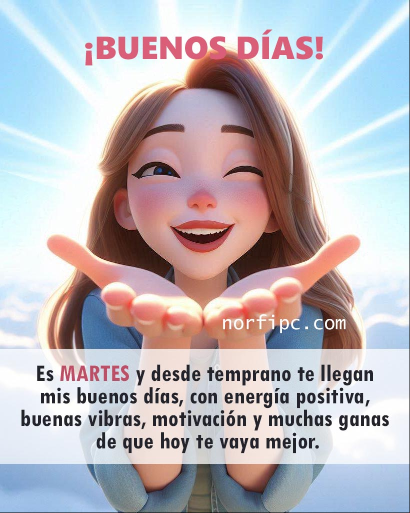 Es MARTES y desde temprano te llegan mis buenos días, llevándote energía positiva, buenas vibras, motivación y muchas ganas de que hoy te vaya mejor Chica sonriente enviando un beso con las dos manos, ilustración