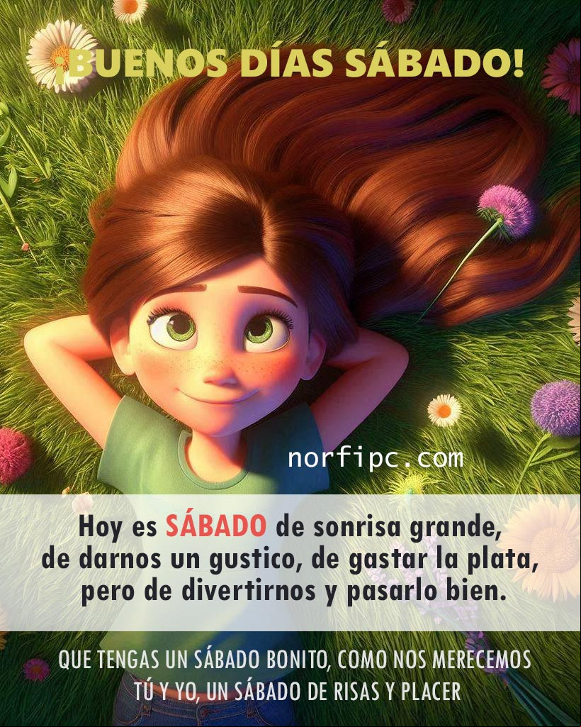 Hoy es sábado de sonrisa grande, de darnos un gustico, de gastar la plata, pero de divertirnos y pasarlo bien. Que tengas un sábado bonito, como nos merecemos tú y yo, un sábado de risas y placer Chica acostada boca arriba en la hierba con flores, ilustración