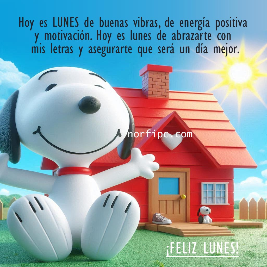Hoy es LUNES de buenas vibras, de energía positiva, de mensajes de motivación. Hoy es lunes de abrazarte con mis letras y asegurarte que será un día mejor Snoopie con brazos abiertos sonriente frente a su casita roja
