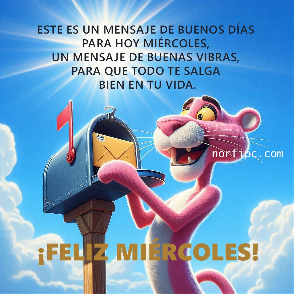 Este es un mensaje de buenos días para hoy miércoles, un mensaje de buenas vibras, para que todo te salga bien en tu vida La pantera rosa enviando un mensaje de correo
