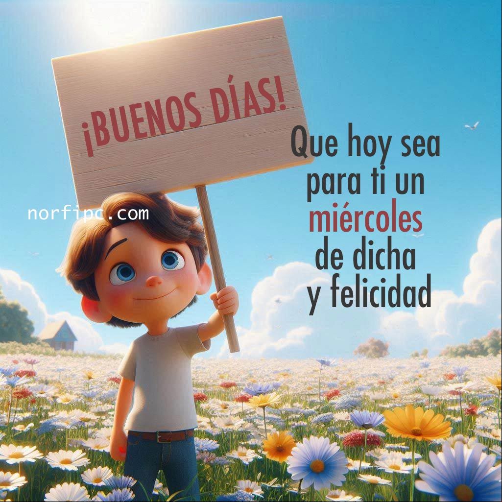 ¡Feliz miércoles! Que hoy sea para ti un miércoles de dicha y felicidad Chico sosteniendo cartel de feliz miércoles