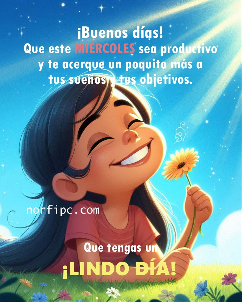 Que este miércoles sea productivo y te acerque un poquito más a tus sueños y tus objetivos. ¡Que tengas un lindo día! Chica sonriente sobre la hierba con una flor, ilustración