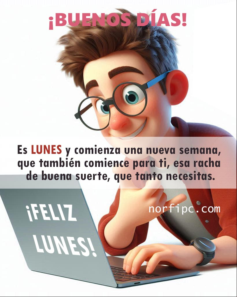 Hoy es lunes y comienza una nueva semana, que también comience para ti, la racha de buena suerte, que tanto necesitas Hombre sonriente trabajando en su laptop, ilustración