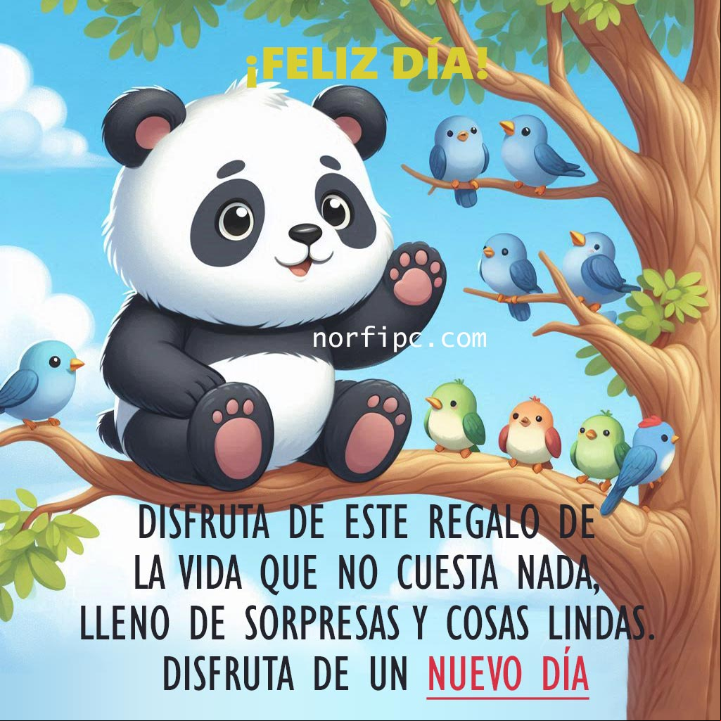Es viernes, disfruta de este regalo de la vida que no cuesta nada, lleno de promesas, sorpresas y cosas lindas. Disfruta de un nuevo día Osito Panda sobre un árbol con aves, ilustración