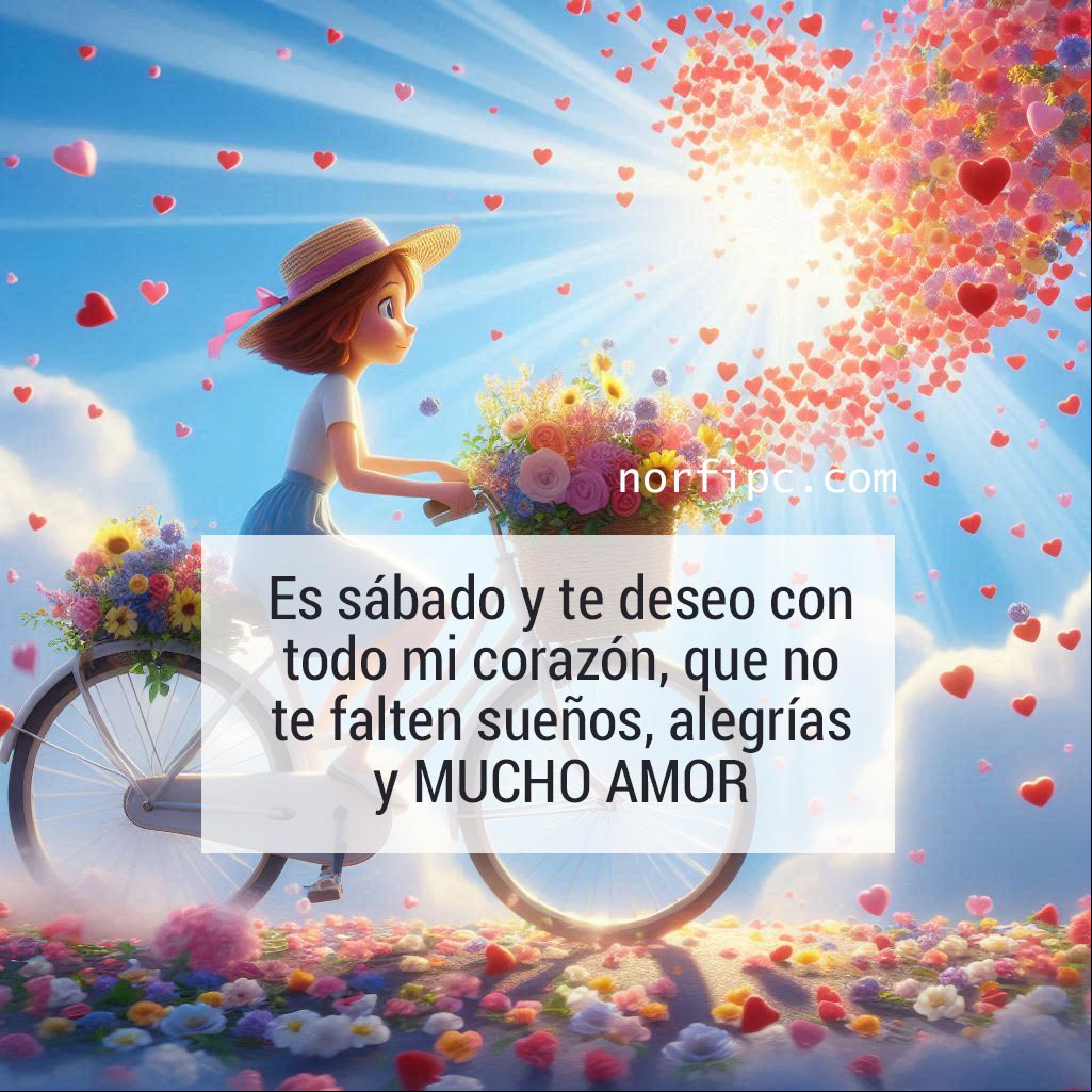 Es sábado y te deseo con todo mi corazón, que no te falten sueños, alegrías y mucho amor Chica en una bicicleta repartiendo corazones