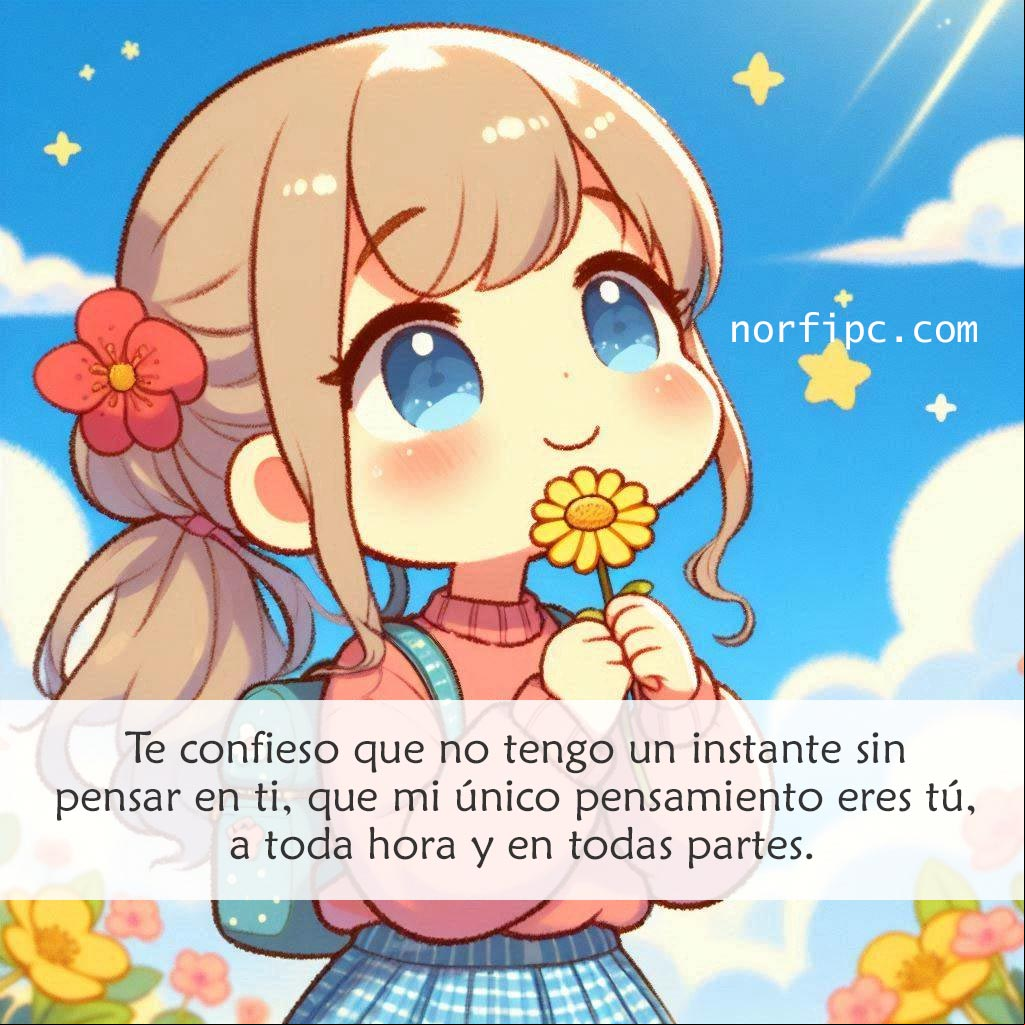 Chica sonriente pensando con una flor en la mano