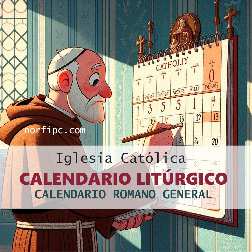 Calendario Litúrgico y Romano General de la iglesia católica Monje anotando en un calendario