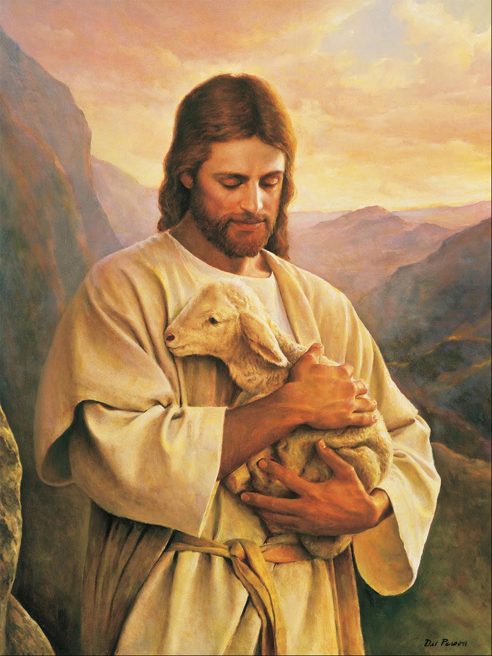 Jesús y el El Cordero Extraviado (The Lost Lamb), pintura de Del Parson, que representa el amor de Jesús por los que han perdido su camino. #ImagenesJesus Pintura de Jesus y el cordero extraviado