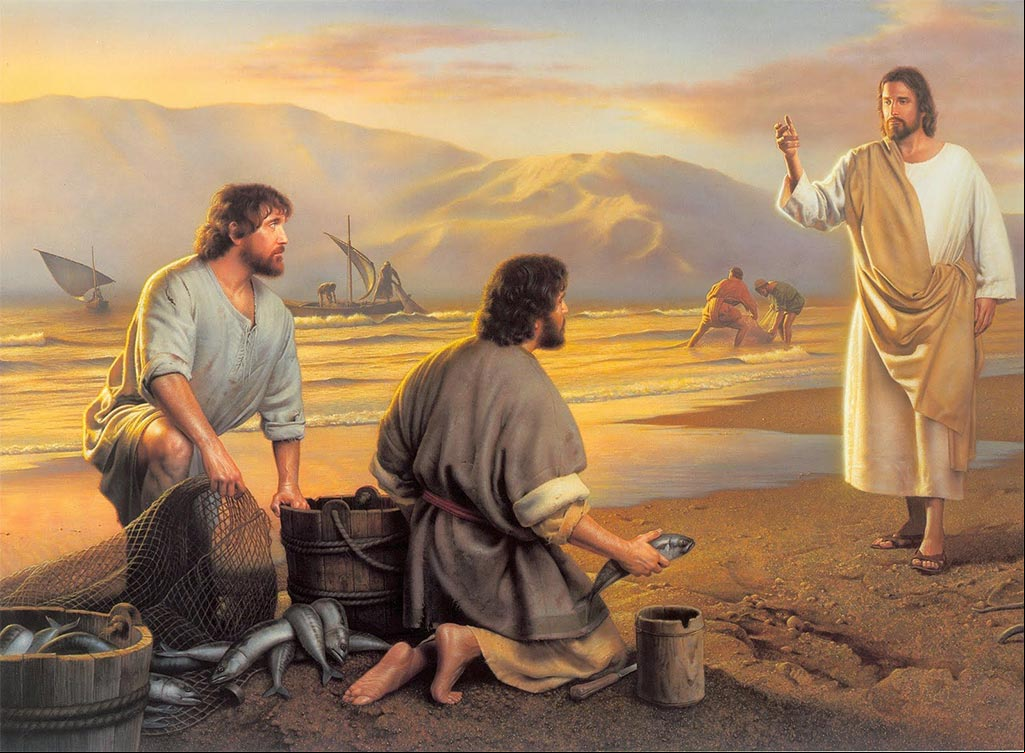 Jesús y los pescadores. Pintura que representa a Jesús con sus amigos, los que se cita en varios pasajes de la Biblia. #ImagenesJesus Pintura de Jesús y los pescadores