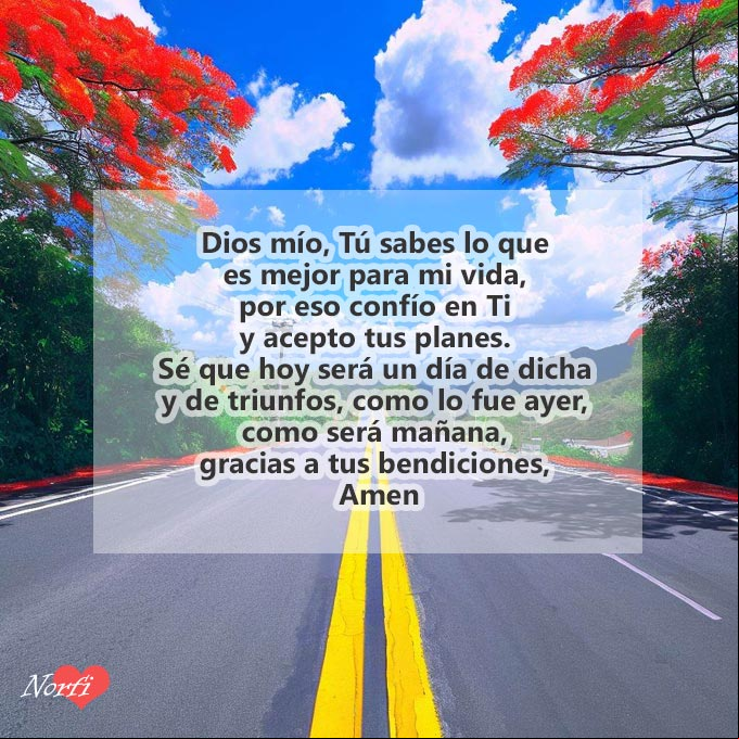 Dios mío, Tú sabes lo que es mejor para mi vida, por eso confío en Ti y acepto tus planes. Sé que hoy será un día de dicha y de triunfos, como lo fue ayer, como será mañana, gracias a tus bendiciones, Amen. #oraciones Carretera hacia la montaña con arboles floridos y oracion a a Dios