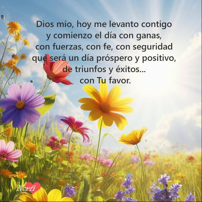 Dios mío, hoy me levanto contigo y comienzo el día con ganas, con fuerzas, con fe, con seguridad que será un día próspero y positivo, de triunfos y éxitos... con Tu favor Flores silvestres al amanecer bajo el cielo azul y el sol naciente