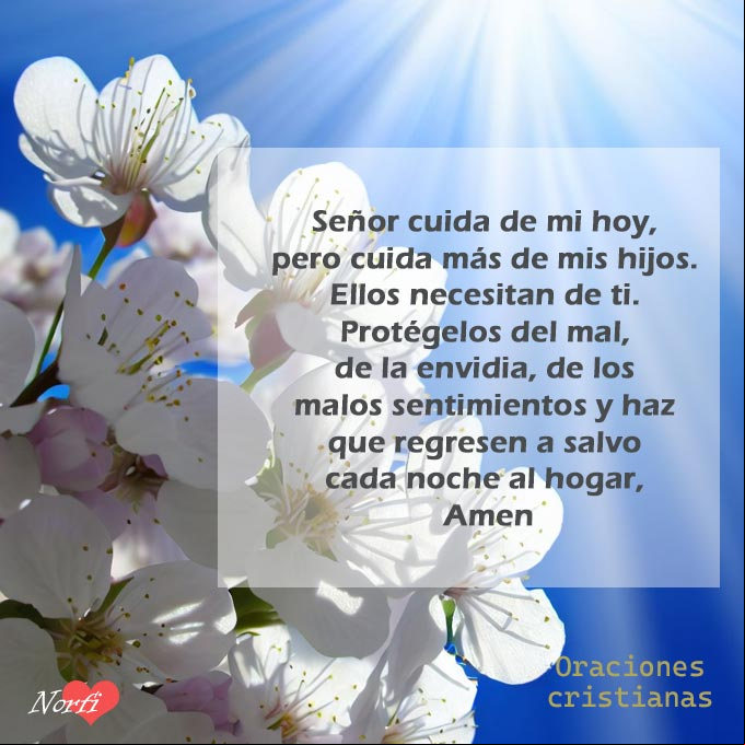 Señor cuida de mi hoy, pero cuida más de mis hijos. Ellos necesitan de ti. Protégelos del mal, de la envidia, de los malos sentimientos y haz que regresen a salvo cada noche al hogar, Amen Flores de Prunus × yedoensis Matsum, detrás cielo azul y rayos del sol