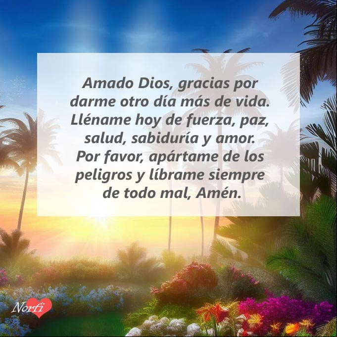 Amado Dios, gracias por darme otro día más de vida. Lléname hoy de fuerza, paz, salud, sabiduría y amor. Por favor, apártame de los peligros y líbrame siempre de todo mal, Amén Amanecer en un jardin tropical con oración a Dios