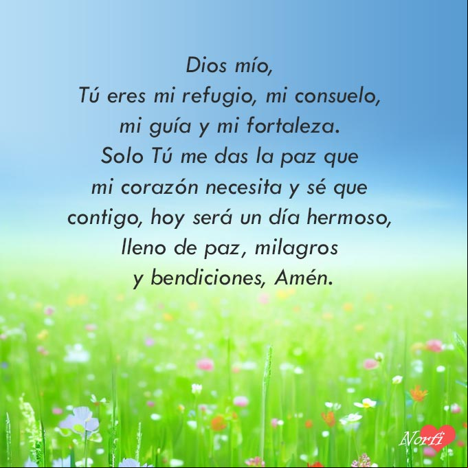 Dios mío, Tú eres mi refugio, mi consuelo, mi guía y mi fortaleza. Solo Tú me das la paz que mi corazón necesita y sé que contigo, hoy será un día hermoso, lleno de paz, milagros y bendiciones, Amén Prado verde con flores pequeñas de varios colores, fondo cielo azul