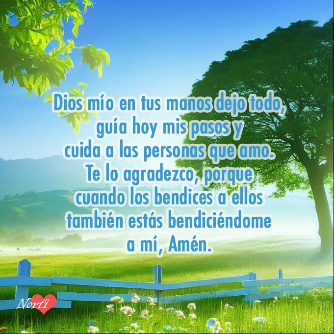 Dios mío en tus manos dejo todo, guía hoy mis pasos y cuida a las personas que amo. Te lo agradezco, porque cuando los bendices a ellos también estás bendiciéndome a mí, Amén Paisaje de prado al amanecer