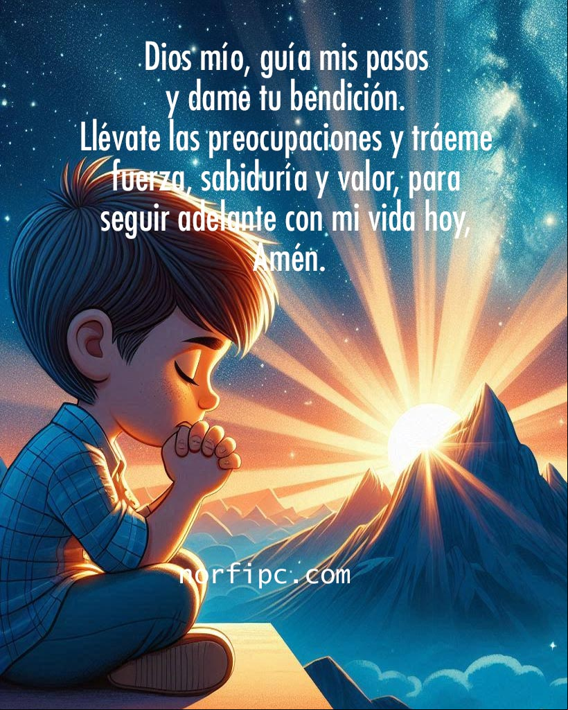 Dios mío, guía mis pasos hoy y dame tu bendición. Llévate las preocupaciones y tráeme fuerza, valor y sabiduría para seguir adelante con mi vida, Amén Chico orando a Dios