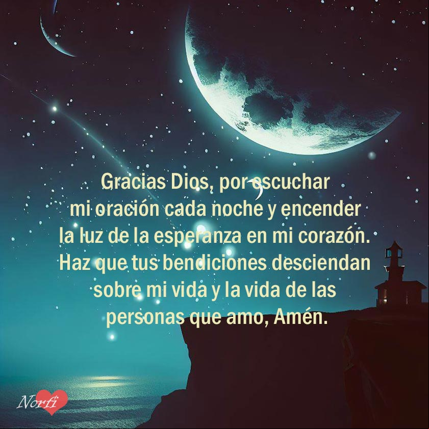 Gracias Dios, por escuchar mi oración cada noche y encender la luz de la esperanza en mi corazón. Haz que tus bendiciones desciendan sobre mi vida y la vida de las personas que amo, Amén Paisaje al anochecer con luna y oración a Dios