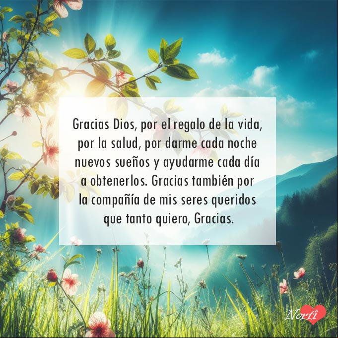 Gracias Dios, por el regalo de la vida, por la salud, por darme cada noche nuevos sueños y ayudarme cada día a obtenerlos. Gracias también por la compañía de mis seres queridos que tanto quiero, Gracias Flores, pasto verde, arbol, montañas, rayos de sol, cielo azul