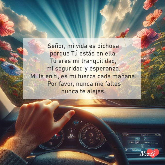 Señor, mi vida es dichosa porque Tú estás en ella. Tú eres mi tranquilidad, mi seguridad y esperanza. Mi fe en ti, es mi fuerza cada mañana. Por favor, nunca me faltes, nunca te alejes Mano de una persona conduciendo auto por una carretera