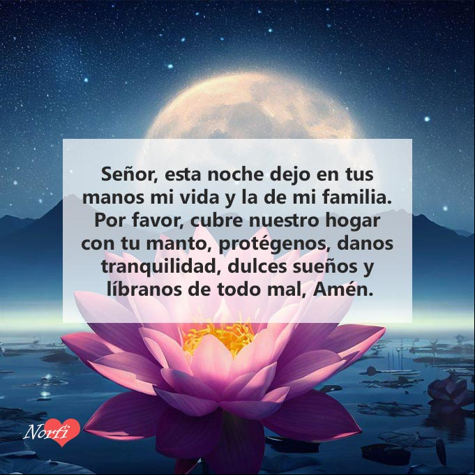 Señor, esta noche dejo en tus manos mi vida y la de mi familia. Por favor, cubre nuestro hogar con tu manto, protégenos, danos tranquilidad, dulces sueños y líbranos de todo mal, Amén. #oraciones Paisaje de noche de Luna llena sobre flor de loto con oración a Dios