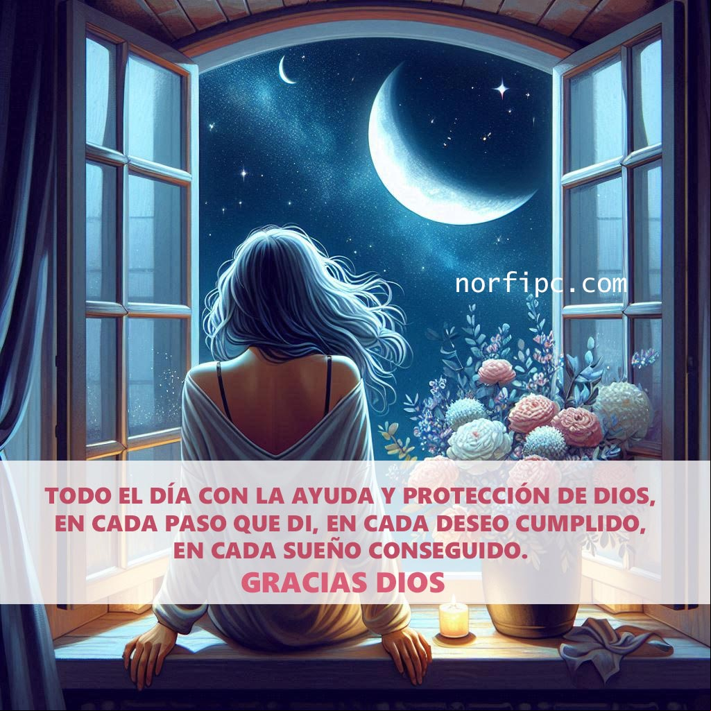 Todo el día con la ayuda y protección de Dios, en cada paso que di, en cada deseo cumplido, en cada sueño conseguido. Gracias Dios. Mujer mirando el cielo estrellado en una ventana