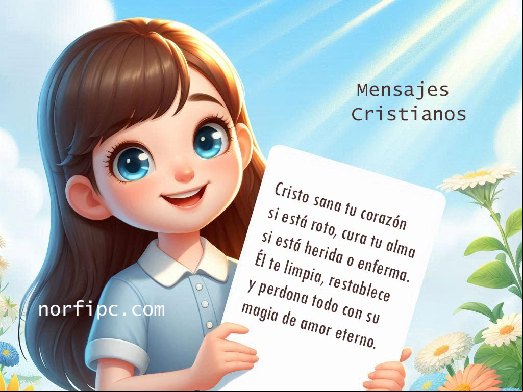 Cristo sana tu corazón si está roto, cura tu alma si está herida o enferma. Él te limpia, restablece y perdona todo, con su magia de amor eterno Chica mostrando cartel del amor de Dios, ilustracion