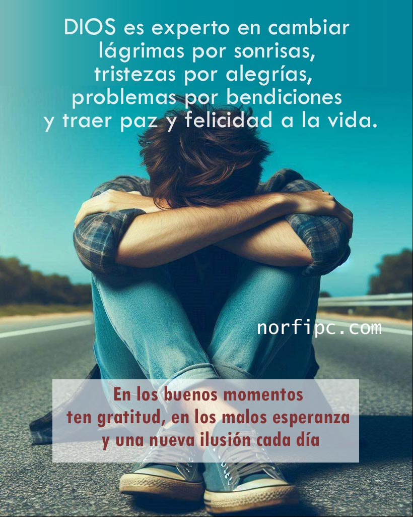 DIOS es experto en cambiar lágrimas por sonrisas, tristezas por alegrías, problemas por bendiciones y traer paz y felicidad a la vida. Por eso en los buenos momentos ten gratitud, en los malos esperanza y una nueva ilusión cada día Chico sentado en una carretera triste