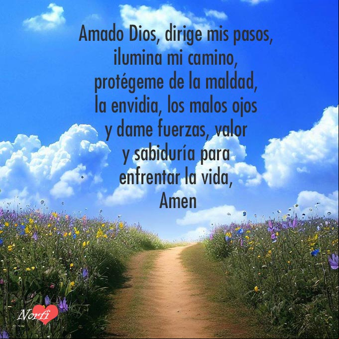 Amado Dios, dirige mis pasos, ilumina mi camino, protégeme de la maldad, la envidia, los malos ojos y dame fuerzas, valor y sabiduría para enfrentar la vida, Amen Camino por el campo con flores
