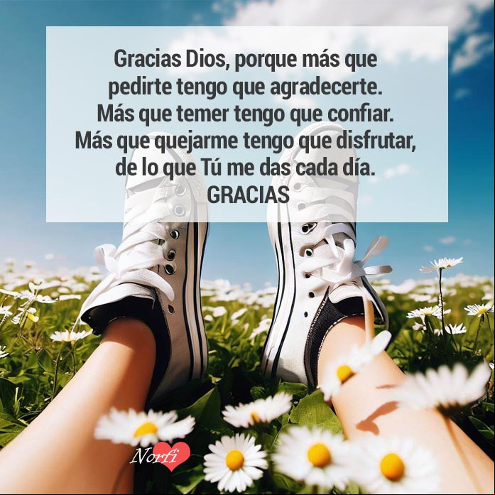 Gracias Dios, porque más que pedirte tengo que agradecerte. Más que temer tengo que confiar. Más que quejarme tengo que disfrutar, de lo que Tú me has dado. Gracias #FeCristiana Pies de una persona sentada en la hierba con flores