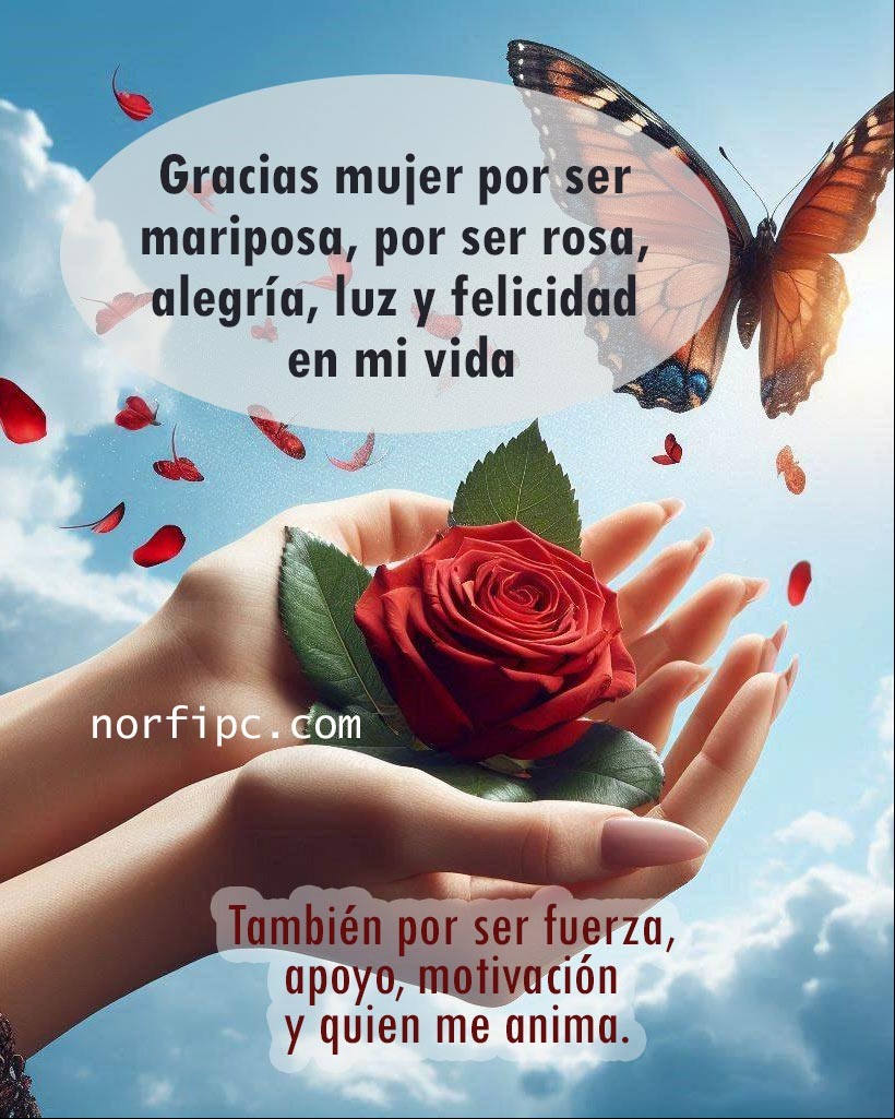Gracias mujer por ser mariposa, por ser rosa, alegría, luz y felicidad en mi vida. También por ser fuerza, apoyo, motivación y quien me anima Mariposa volando sobre una rosa en las manos de una mujer