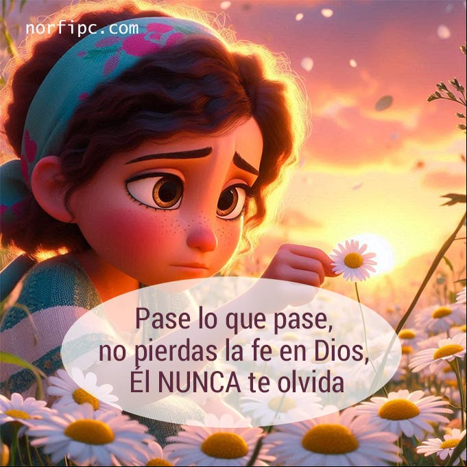 Pase lo que pase en tu vida, no pierdas la fe en el amor de Dios, Él nunca te olvida Chica triste arrancando pétalos flor de margarita
