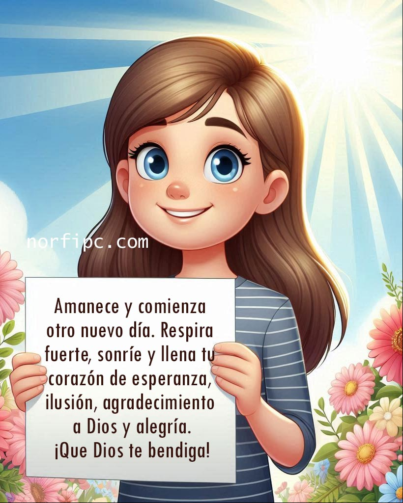 Amanece y comienza otro nuevo día. Respira fuerte, sonríe y llena tu corazón de esperanza, ilusión, agradecimiento a Dios y alegría. ¡Que Dios te bendiga! Chica sonriente sosteniendo en la mano un cartel en blanco