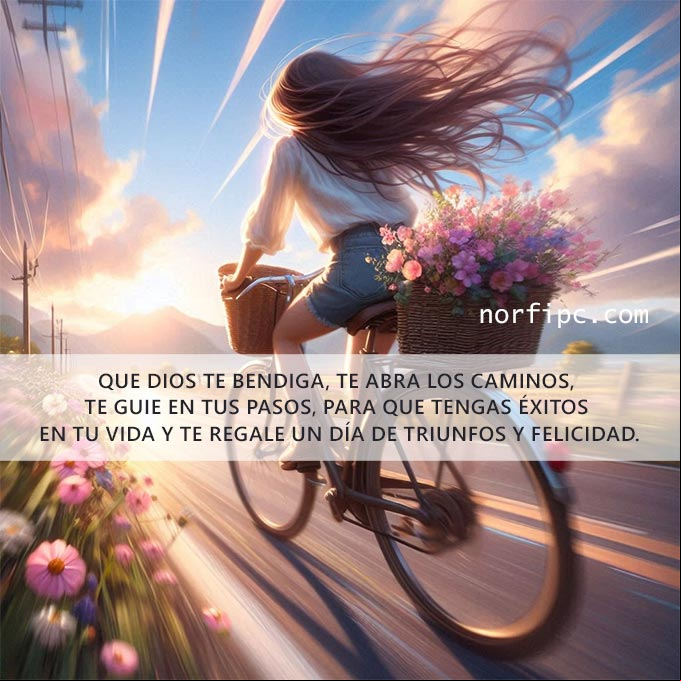 Que Dios te bendiga, te abra los caminos, te guie en tus pasos, para que tengas éxitos en tu vida y te regale un día de triunfos y felicidad Chica en su bicicleta en una carretera