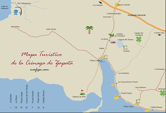 Mapa turístico de la Ciénaga de Zapata con los principales lugares de interés Mapa turístico de la Ciénaga de Zapata con los principales lugares de interés