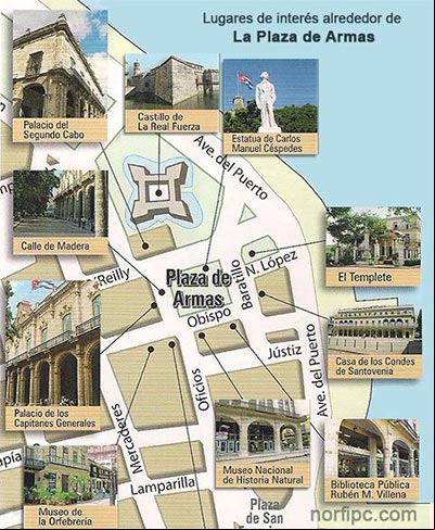 Mapa con los principales lugares de interés alrededor de La Plaza de Armas en la Habana Vieja Mapa con los principales lugares de interés alrededor de La Plaza de Armas en la Habana Vieja