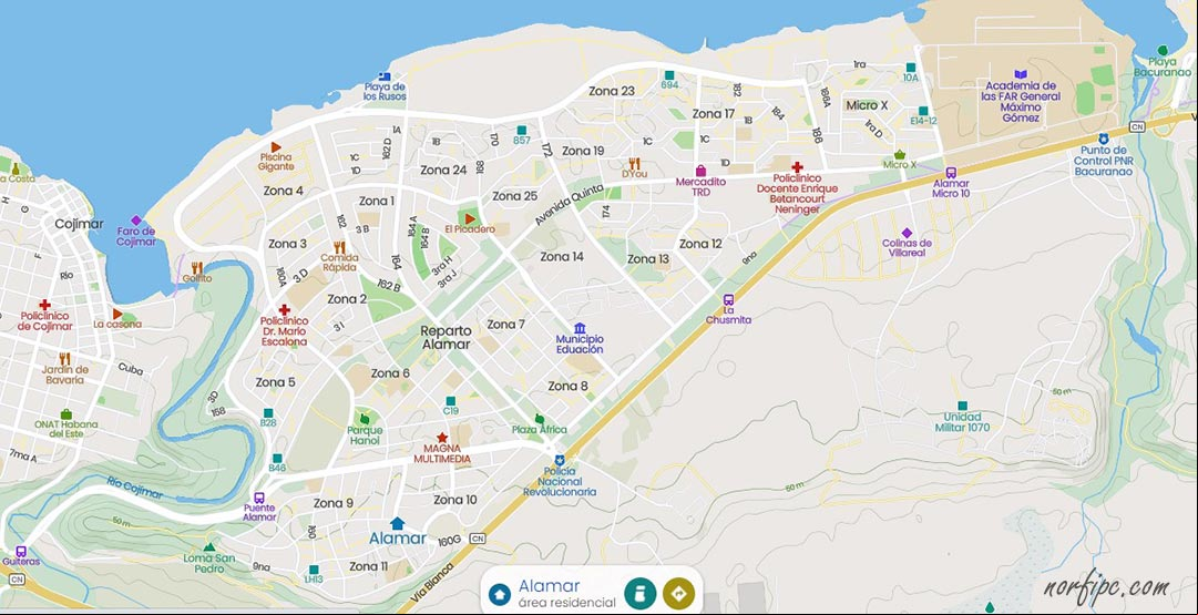 Mapa de Alamar, Habana, Cuba, con las zonas, vías de y principales lugares de interés Mapa de Alamar, Habana, Cuba