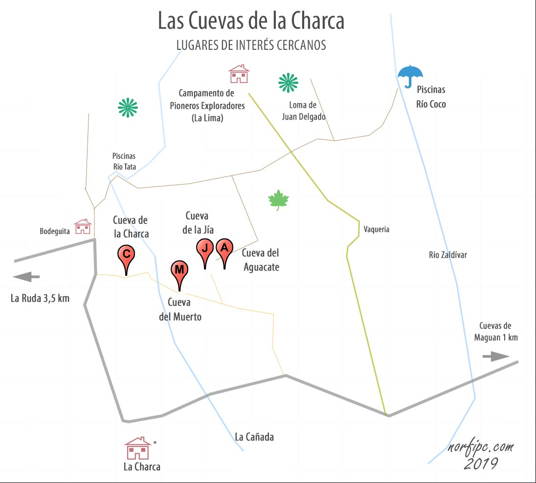 Diagrama con la ubicación de las Cuevas de la Charca y los lugares de interés cercanos Ubicación de las Cuevas de la Charca