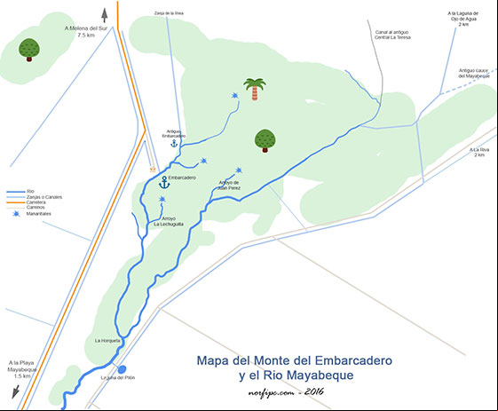 Mapa del Monte del Embarcadero y el Rio Mayabeque actualmente con los sitios de interés del lugar Mapa del Monte del Embarcadero y el Rio Mayabeque actualmente