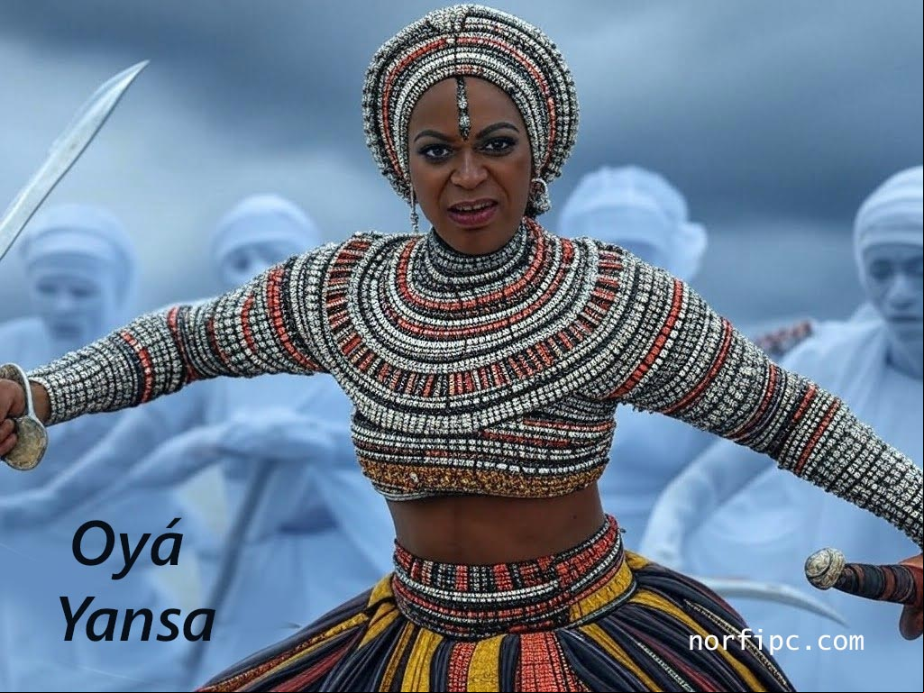 Imagen de Oyá o Yansa, deidad yoruba de las tempestades y del viento Imagen de Oyá o Yansa orisha guerrera que combate con dos espadas, auxiliada por los muertos