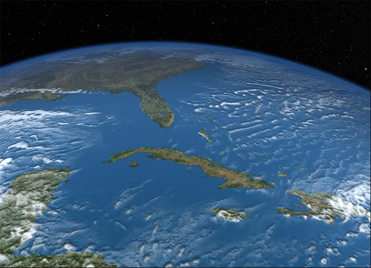 Simulación de Cuba y el Caribe Central desde el espacio, creada por la NASA Simulación de Cuba y el Caribe Central desde el espacio