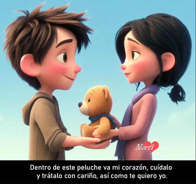 Una pareja entregandose un peluche de regalo