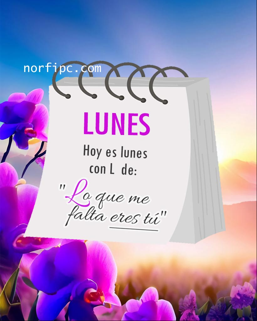 Hoy es lunes con L de: 'Lo que me falta eres tú' Frase de amor en una imagen de un paisaje por la mañana con flores moradas