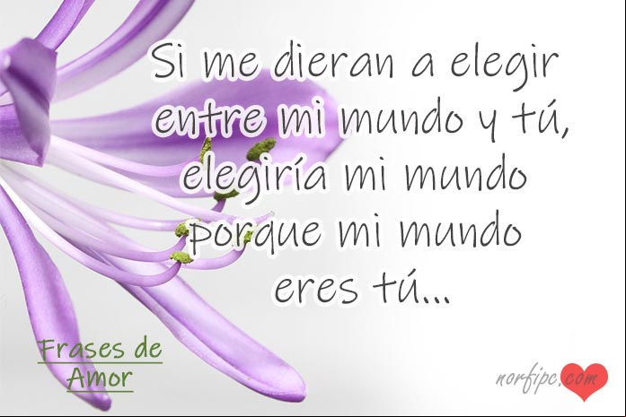 Si me dieran a elegir entre mi mundo y tú, elegiría mi mundo porque mi mundo... eres tú. #FrasesDeAmor Frases de amor y amistad enviadas por los lectores