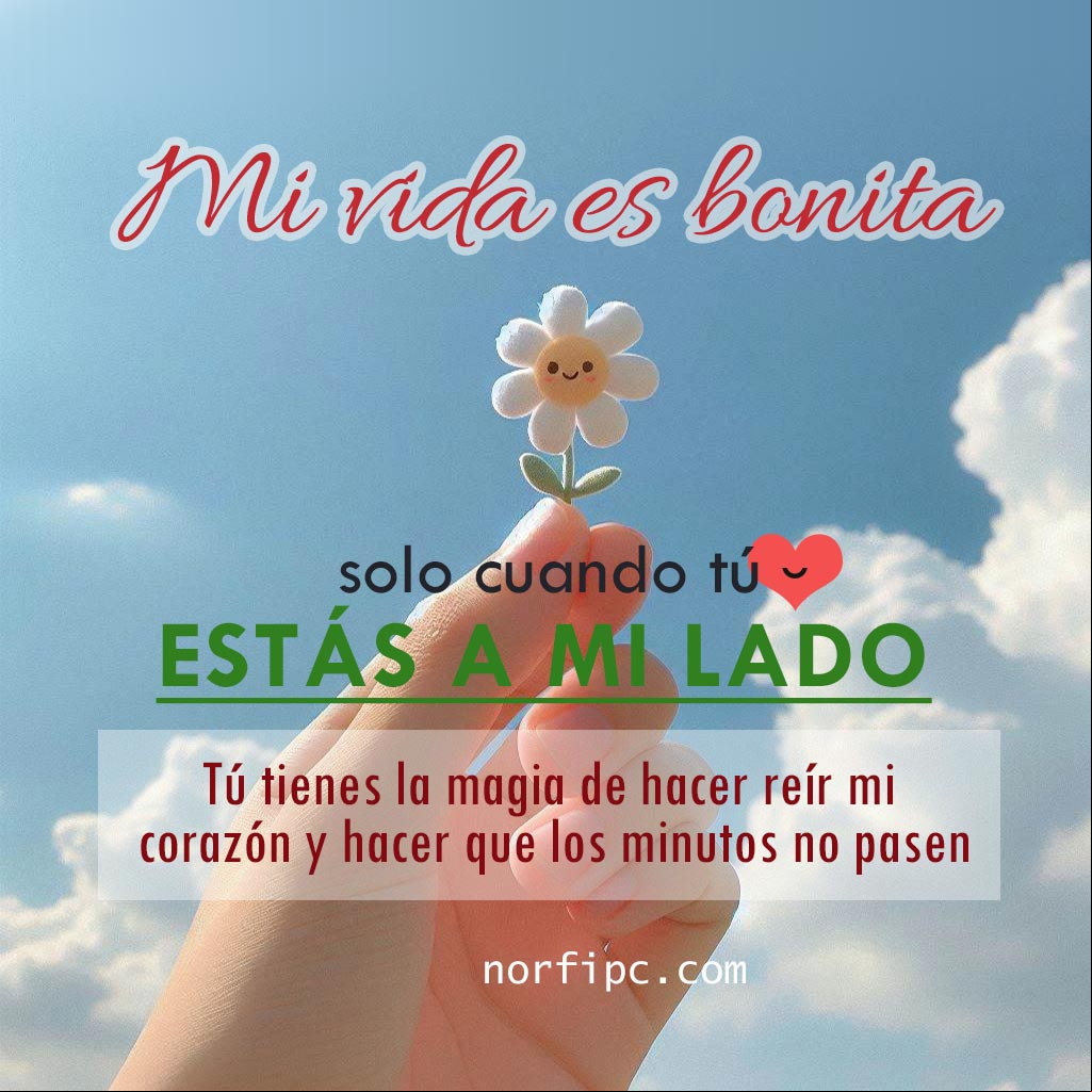 Mi vida es bonita, solo cuando tú estás a mi lado. Tú tienes la magia de hacer reír mi corazón y de hacer que los minutos no pasen Mano con una florecita sonriente