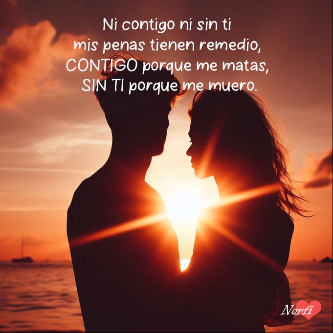 Imagen de amor para los que no pueden vivir el uno sin el otro Silueta de pareja mirandose, detras rayos del sol del atardecer en una playa