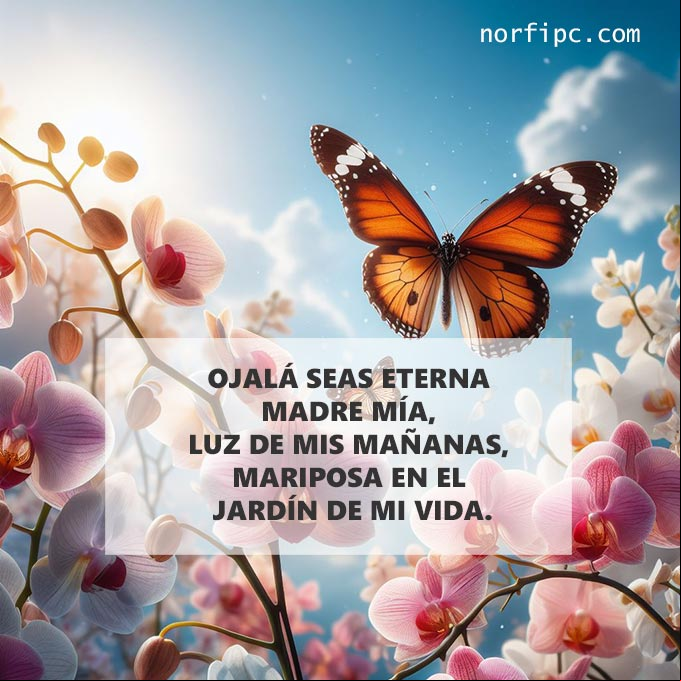 Ojalá seas eterna madre mía, luz de mis mañanas, mariposa en el jardín de mi vida. Ojalá Dios te permitiera vivir por siempre, porque tú eres fuente de vida, felicidad y alegrías Mariposa volando entre flores de un jardín