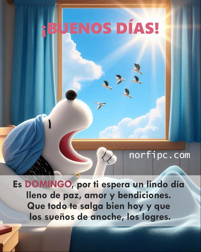 ¡Es domingo! por ti espera un lindo día lleno de paz, amor y bendiciones. Que todo te salga bien hoy y que los sueños de anoche, los logres Snoopie acostado en la cama con el gorro de dormir bostezando
