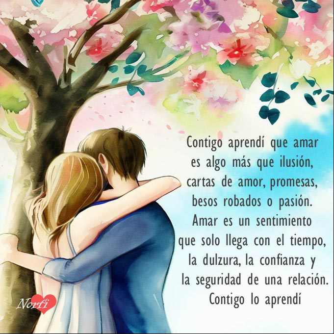 Contigo aprendí que amar es algo más que ilusión, cartas de amor, promesas, besos robados o la pasión.
Amar es un sentimiento que solo llega con el tiempo, la dulzura, la confianza y la seguridad de una relación Pareja abrazados bajo un árbol con flores
